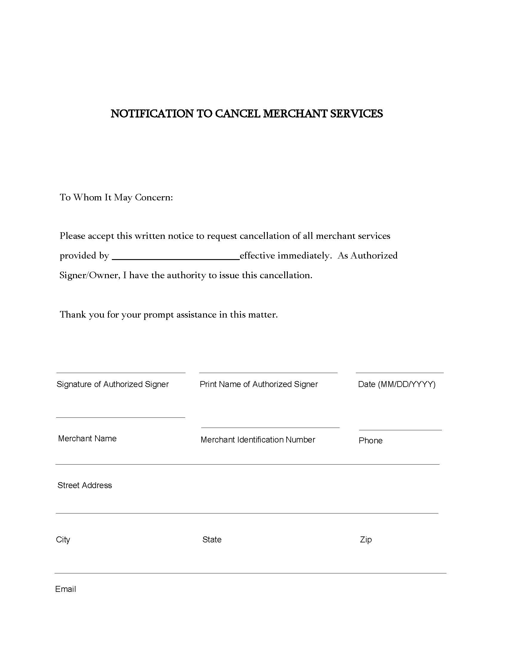 Notification to Cancel Merchant Services
