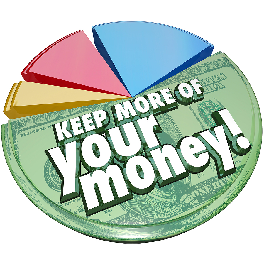 Keep More of Your Money words pie chart portion percent taxes, f